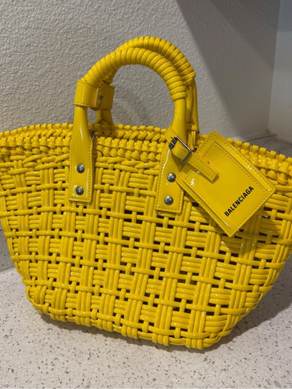 Balenciaga Bright Yellow Woven Tote with Branded Tag - Picture 4 of 5